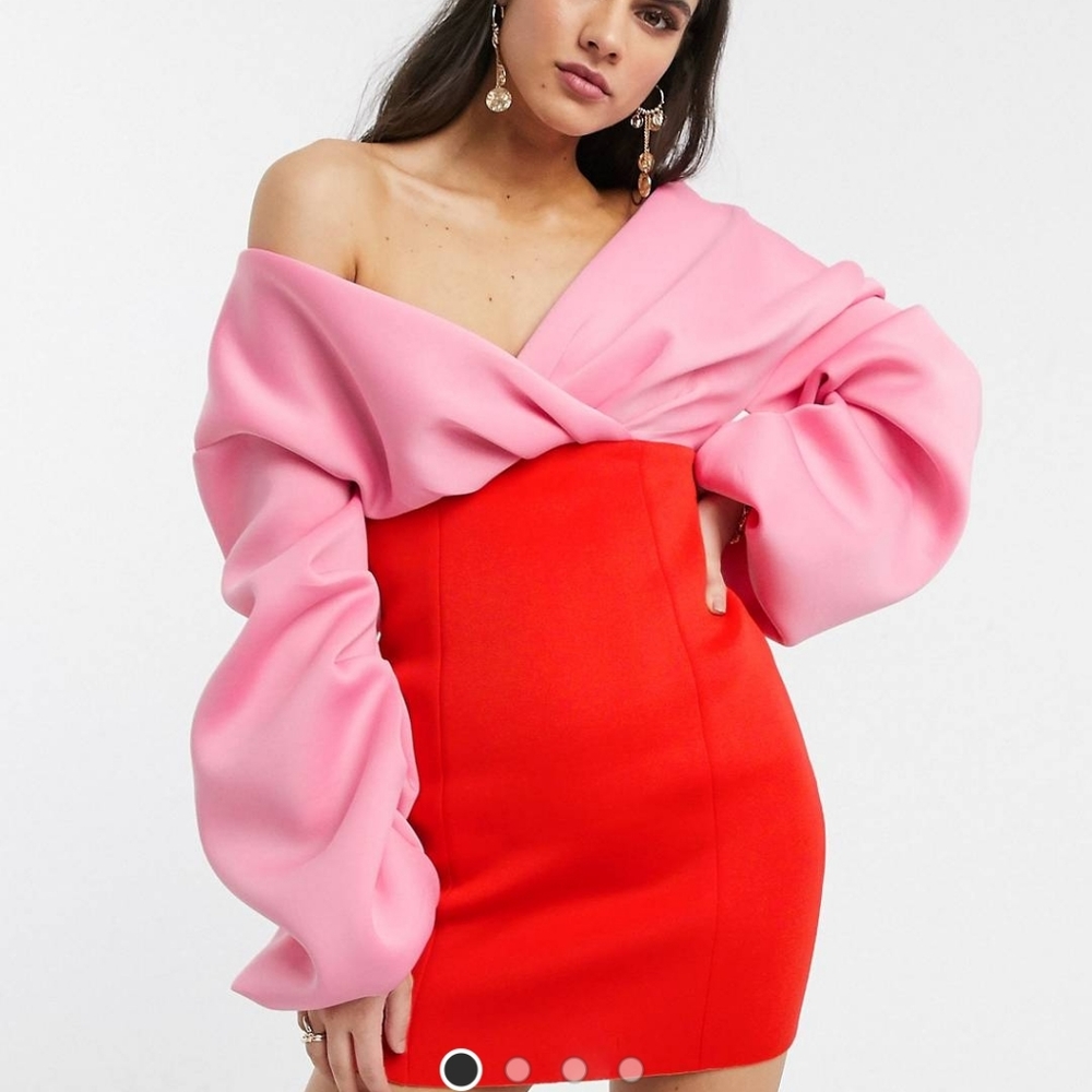 Fallen  shoulder pleated puff sleeve pencil mini dress